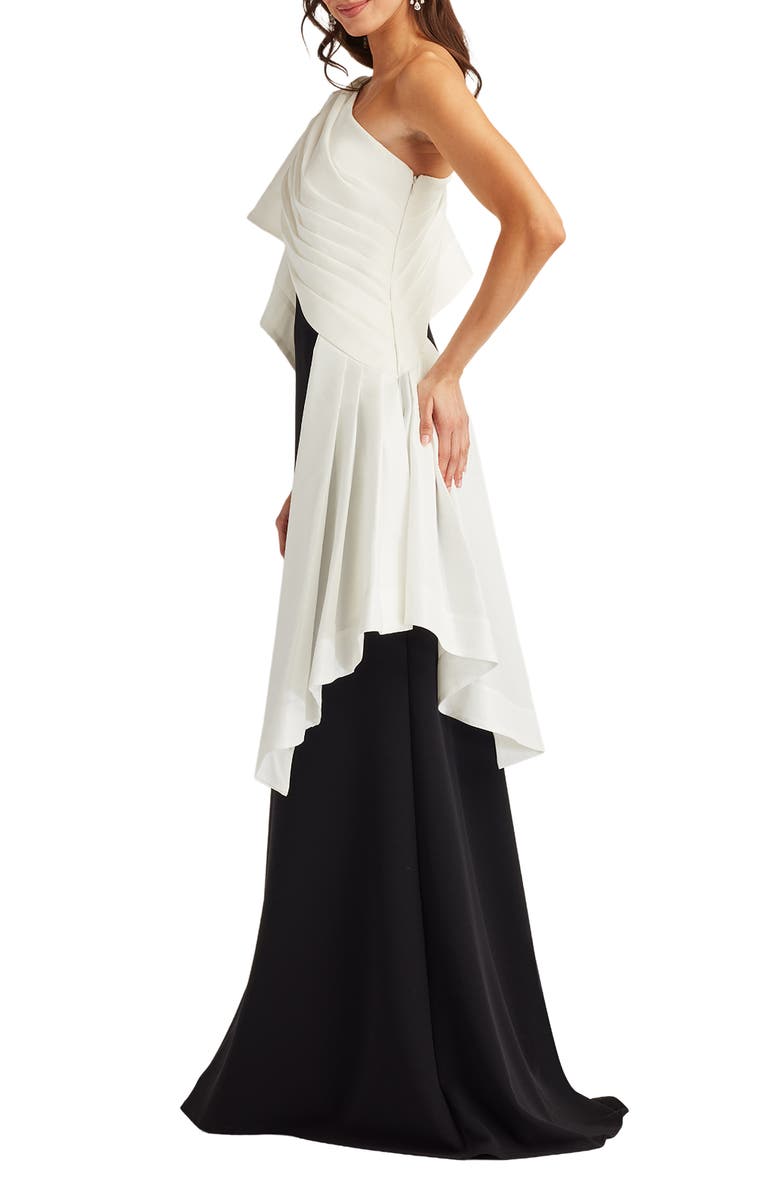 Tadashi Shoji Draped One-Shoulder Mixed Media Gown, Alternate, color, White/ Black