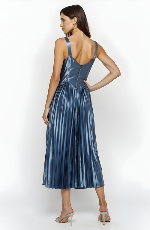 Modenaire Shiny Pleated Midi Dress With Sweetheart Neckline And Wide Straps In Blue