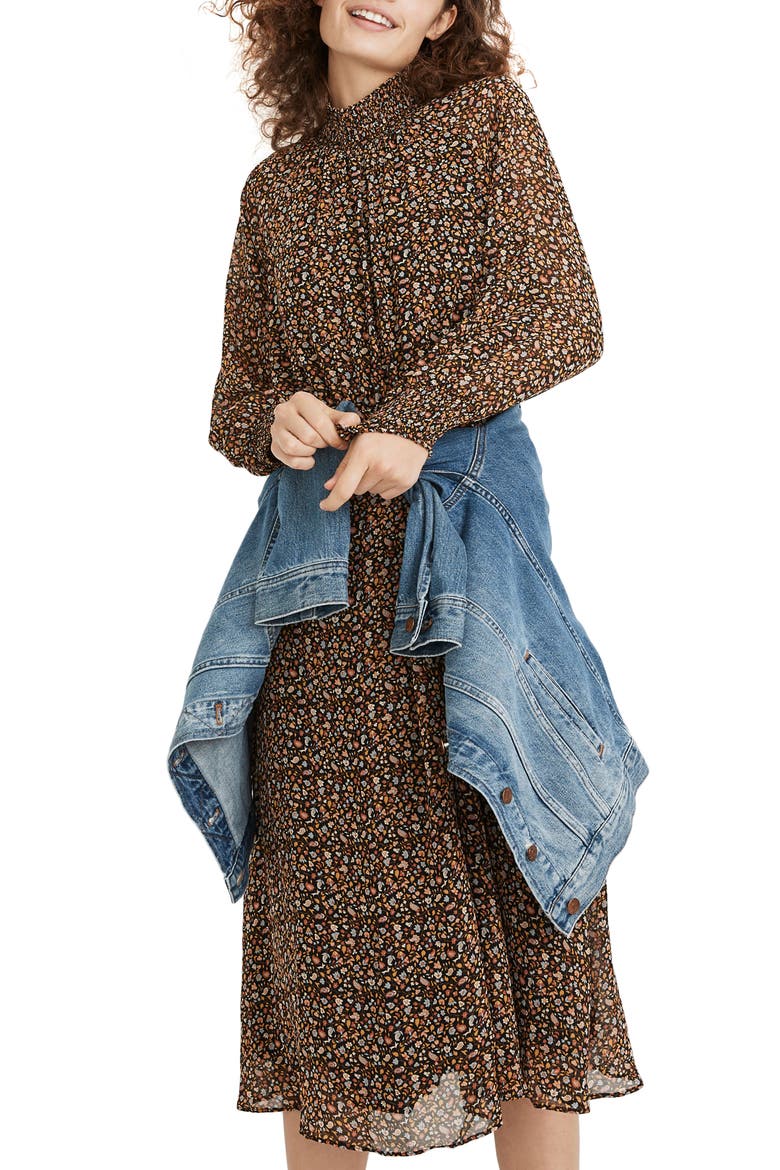 Folktale Paisley Long Sleeve (Re)sourced Georgette Midi Dress, Main, color, PEASANT PAISLEY ALMOST BLACK