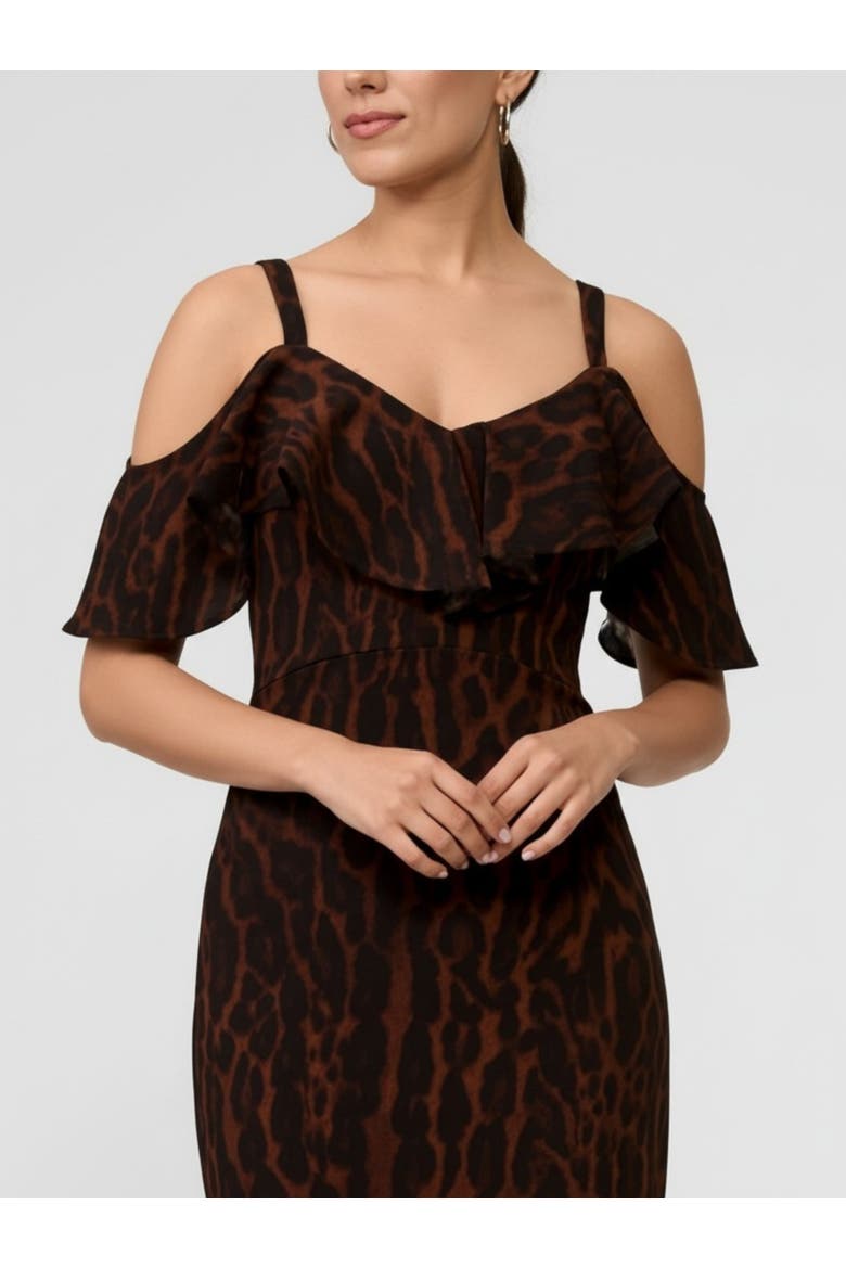 Marcella Printed Off the Shoulder Ruffle Midi Dress, Alternate, color, Holiday Leopard