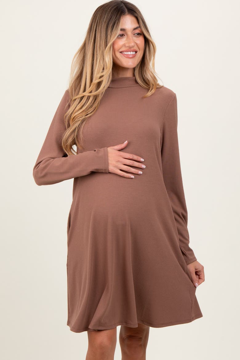 Ribbed Mock Neck Long Sleeve Basic Dress, Alternate, color, Mocha