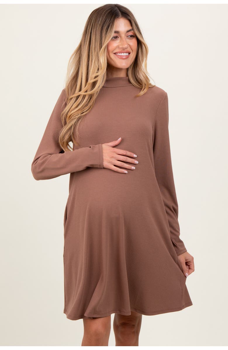 PinkBlush Ribbed Mock Neck Long Sleeve Basic Dress, Alternate, color, Mocha