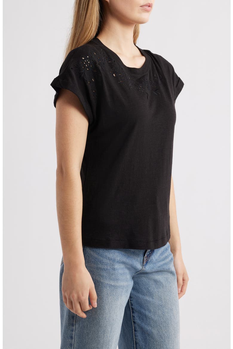 Embroidered Eyelet Cap Sleeve T-Shirt, Alternate, color, BLACK