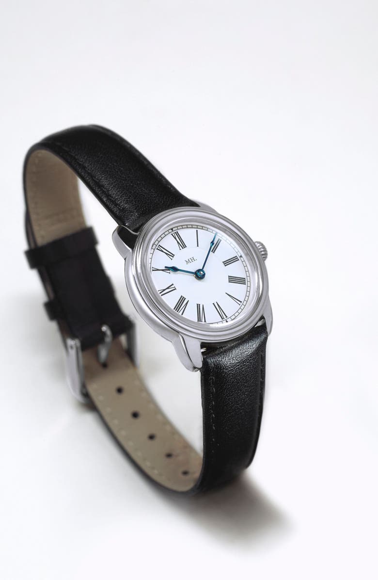March Hare Watches The Harriet Calfskin Leather Watch Strap, Alternate, color, Black Strap - Silver Buckle