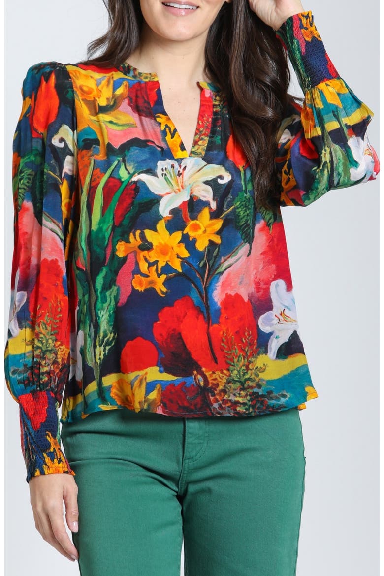 Split Neck Top with Smocked Cuffs, Main, color, TECHNICOLOR HARVEST