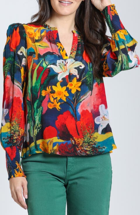 Split Neck Top with Smocked Cuffs