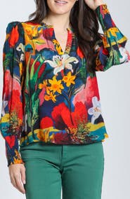 APNY Split Neck Top with Smocked Cuffs