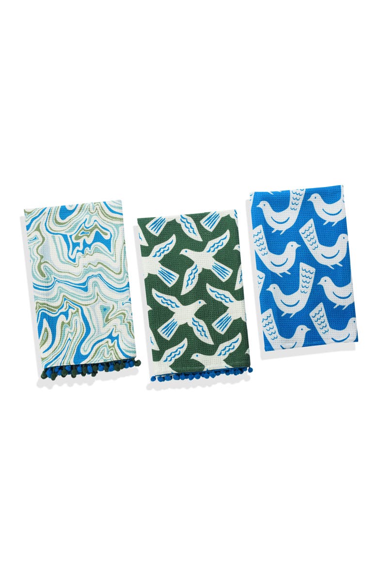 Set of Three Artisan Bird & Marble Kitchen Towels, Main, color, FOREST GREEN/ ROYAL BLUE