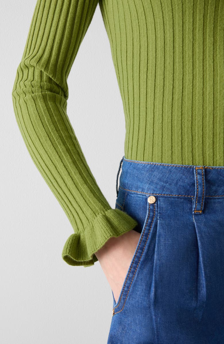 LK Bennett Yara Ruffle Cuff Rib Crewneck Sweater, Alternate, color, Green