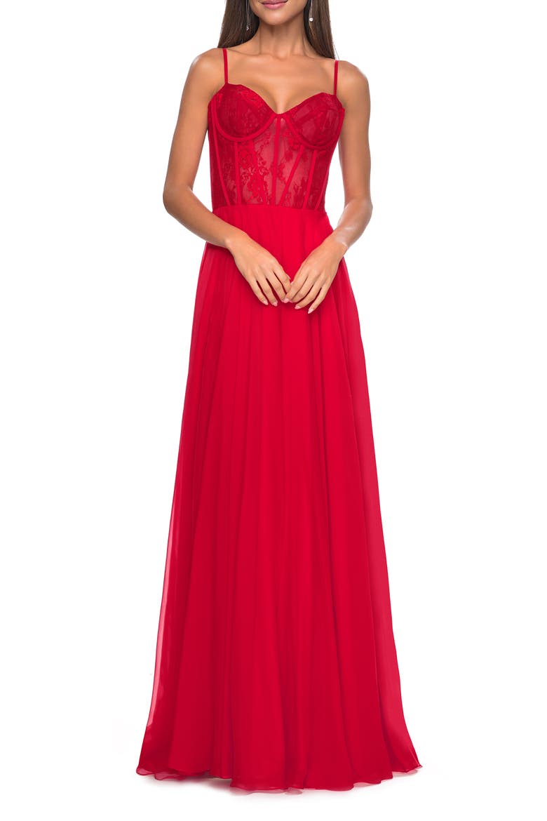 Chiffon and Lace Gown with Bustier Top, Main, color, Red
