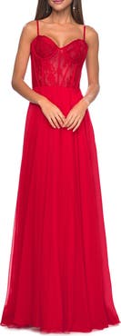 La Femme Chiffon and Lace Gown with Bustier Top