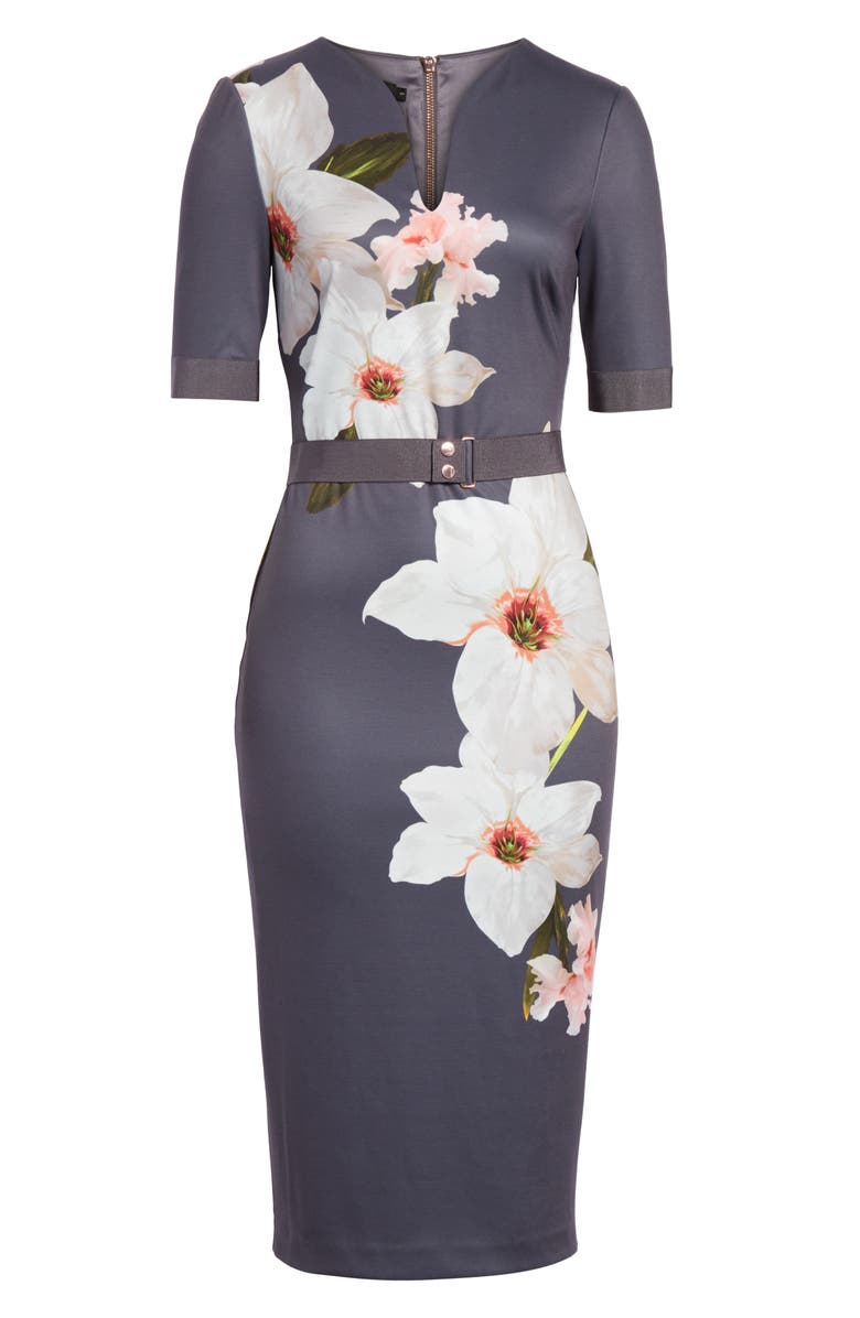Ted Baker London Floral Print Belted Body-Con Dress, Alternate, color,