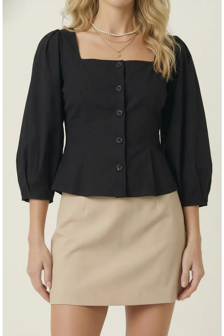 Square Neck Long Sleeve Front Button Peplum Blouse, Main, color, Black