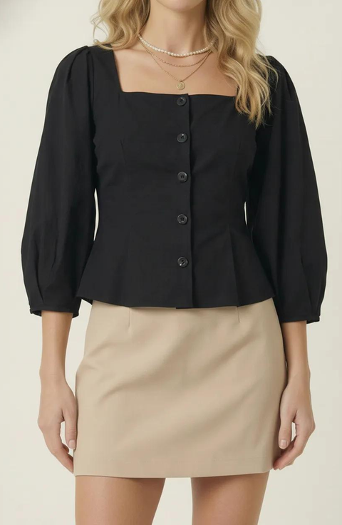 Square Neck Long Sleeve Front Button Peplum Blouse