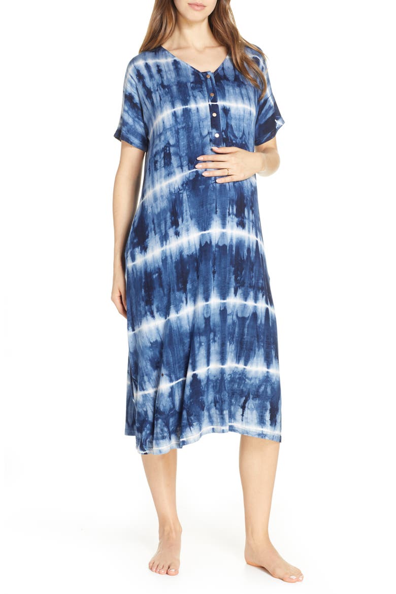 Tie-Dye Maternity/Nursing Sleep Shirt, Main, color, PATTERN- NAVY AND WHITE