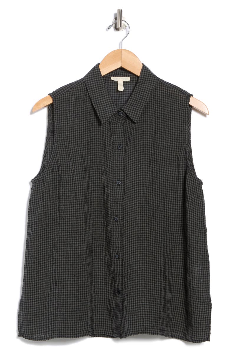 Eileen Fisher Classic Gingham Sleeveless Organic Linen Button-Up Shirt, Alternate, color,