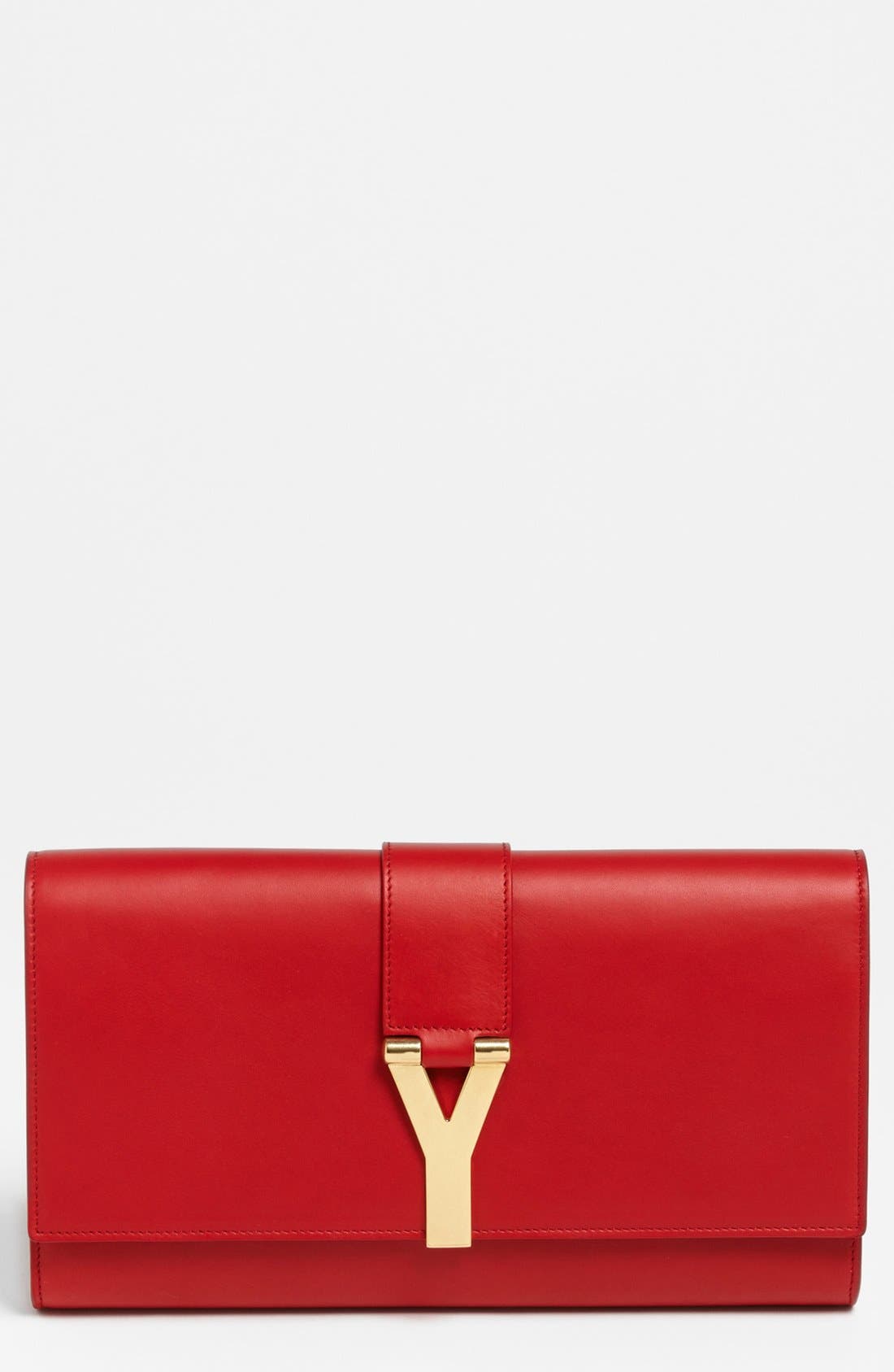 'Y' Leather Clutch, Main, color, ROUGE