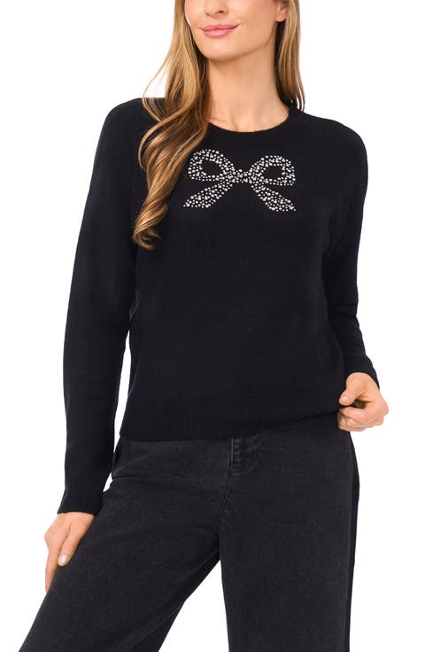 Crystal Bow Embellished Crewneck Sweater