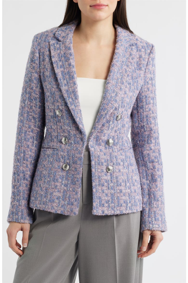 Faux Double Breasted Metallic Tweed Blazer, Alternate, color, BLUE ROSE SILVER
