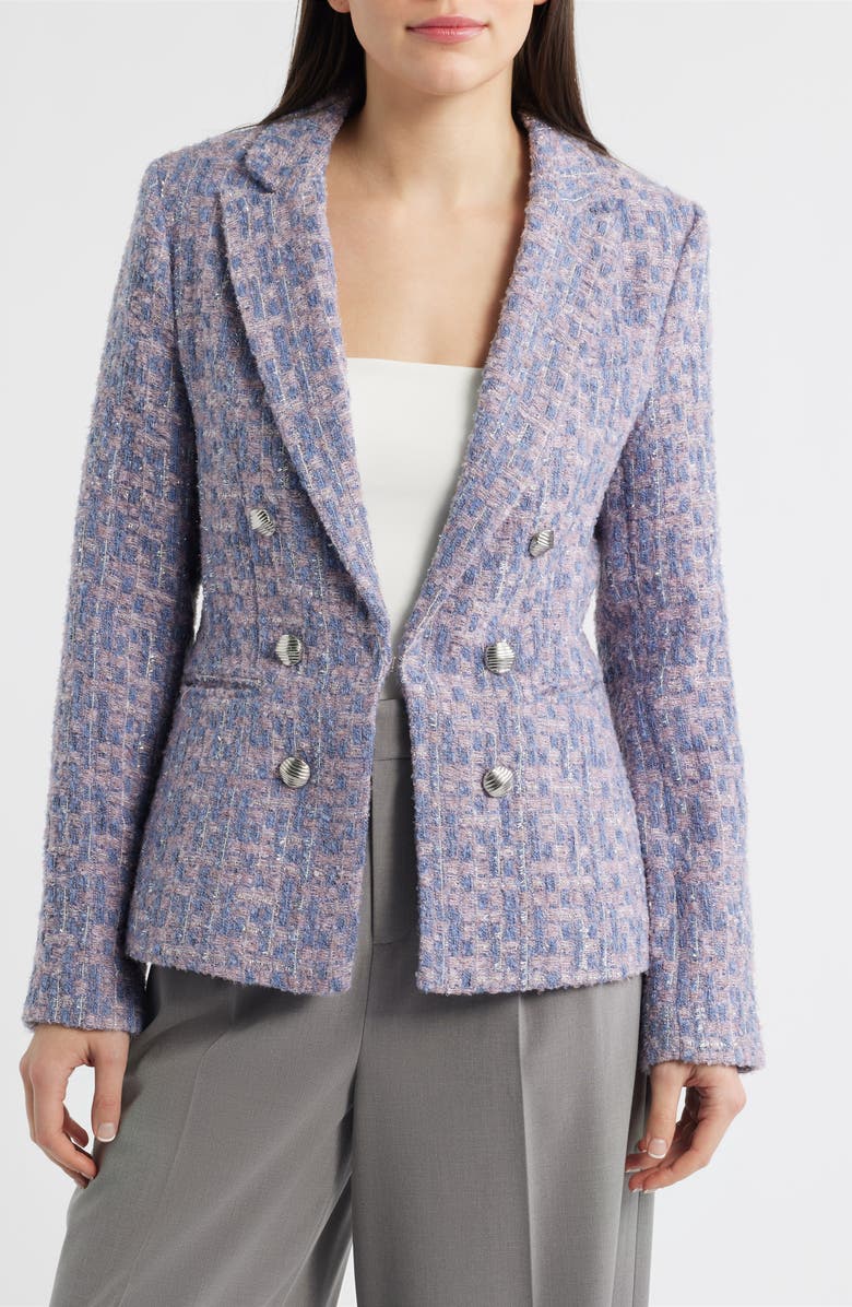 Tahari ASL Faux Double Breasted Metallic Tweed Blazer, Alternate, color, Blue Rose Silver