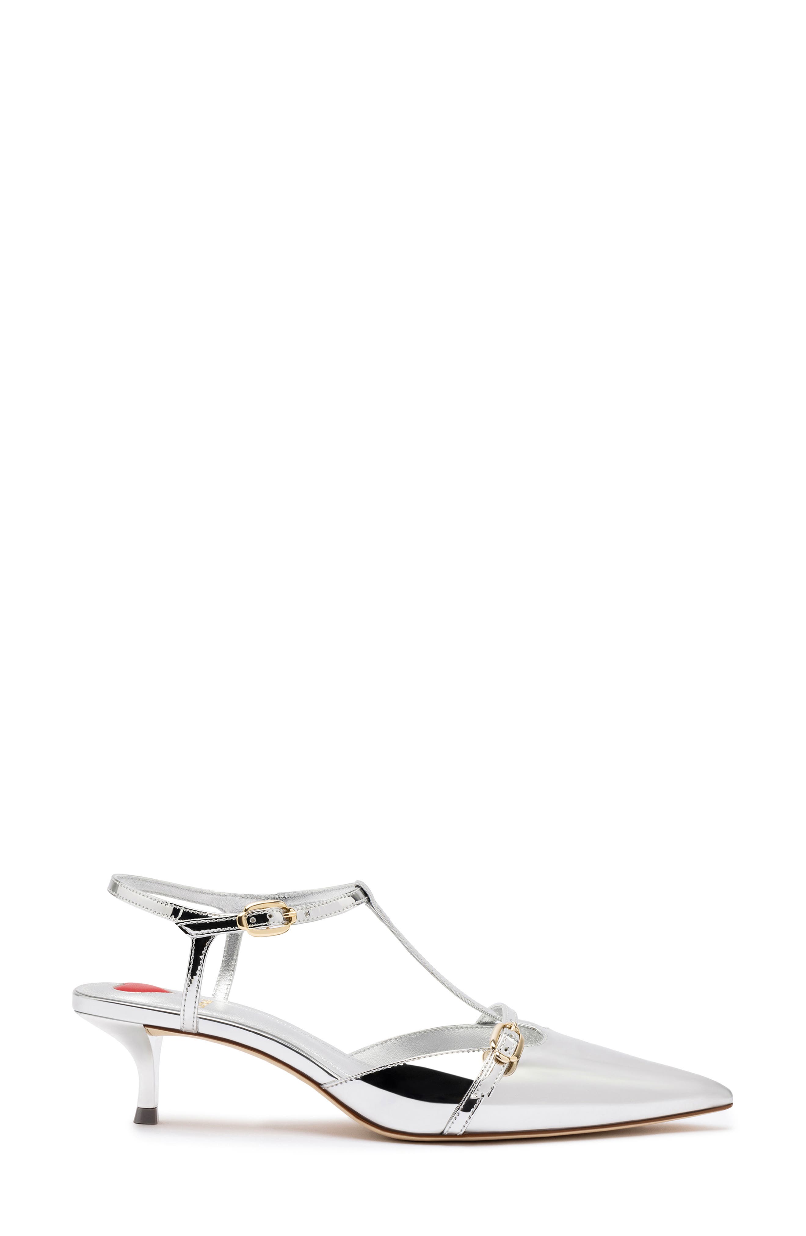 Larroudé Grace Ankle Strap Pointed Toe Kitten Heel Pump, Alternate, color, Silver