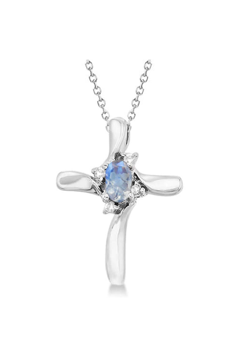 Moonstone & Diamond Cross Pendant Necklace 14K 0.50ct, Main, color, White Gold