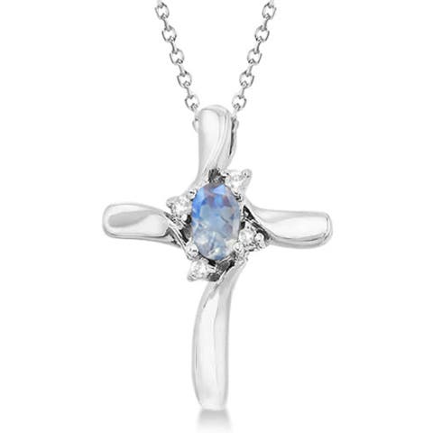 Moonstone & Diamond Cross Pendant Necklace 14K 0.50ct