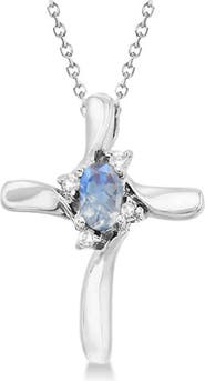 ALLUREZ Moonstone & Diamond Cross Pendant Necklace 14K 0.50ct