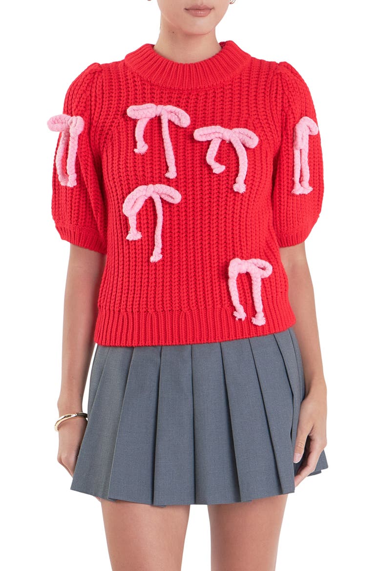 Bow Embellished Puff Sleeve Sweater, Main, color, RED