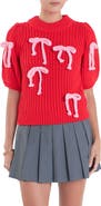English Factory Bow Embellished Puff Sleeve Sweater