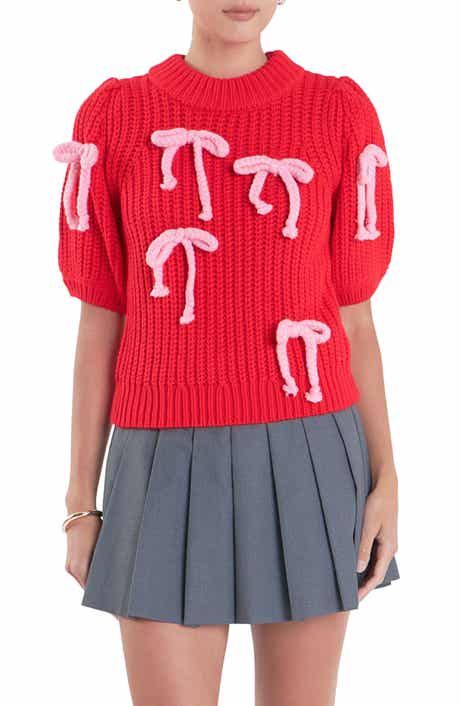 Bow Embellished Puff Sleeve Sweater