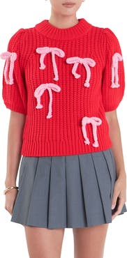 English Factory Bow Embellished Puff Sleeve Sweater