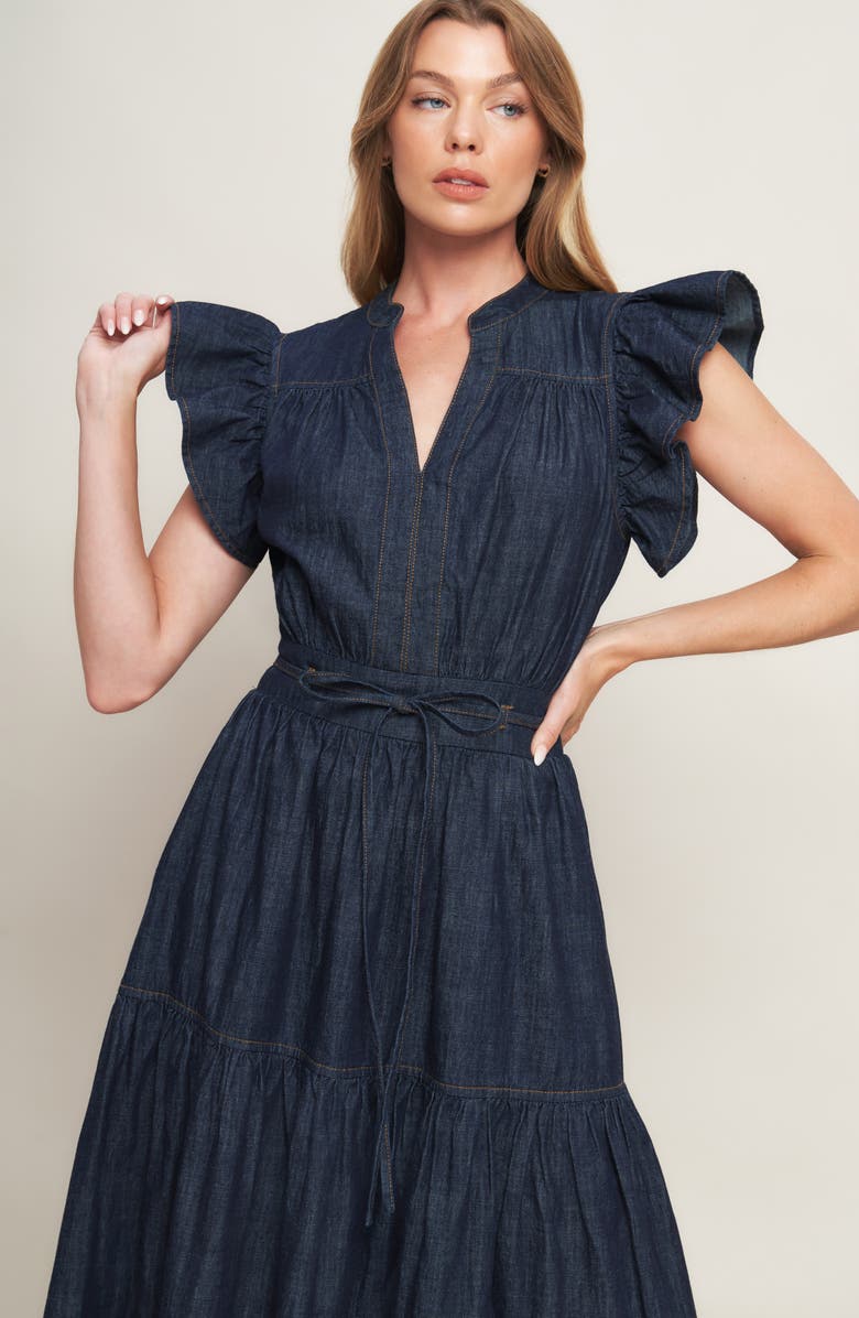 FLYING TOMATO Flutter Sleeve Denim Maxi Dress, Alternate, color, Dark Indigo