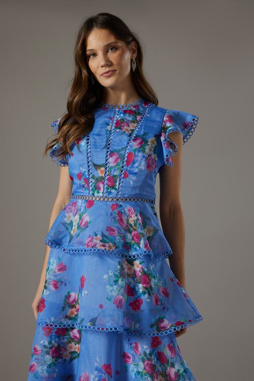 Coast Lace Trim Tiered Organza Midi Dress In Blue