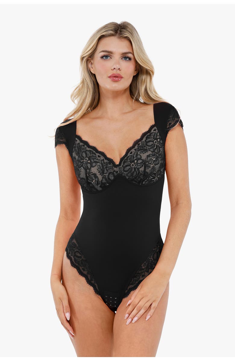 Popilush Shapewear Cap Sleeve Slimming Lace Cup Bodysuit, Main, color, Midnight Black