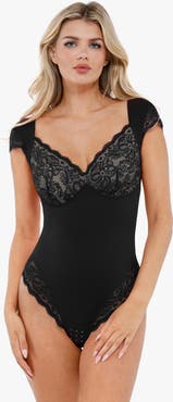 Popilush Shapewear Cap Sleeve Slimming Lace Cup Bodysuit