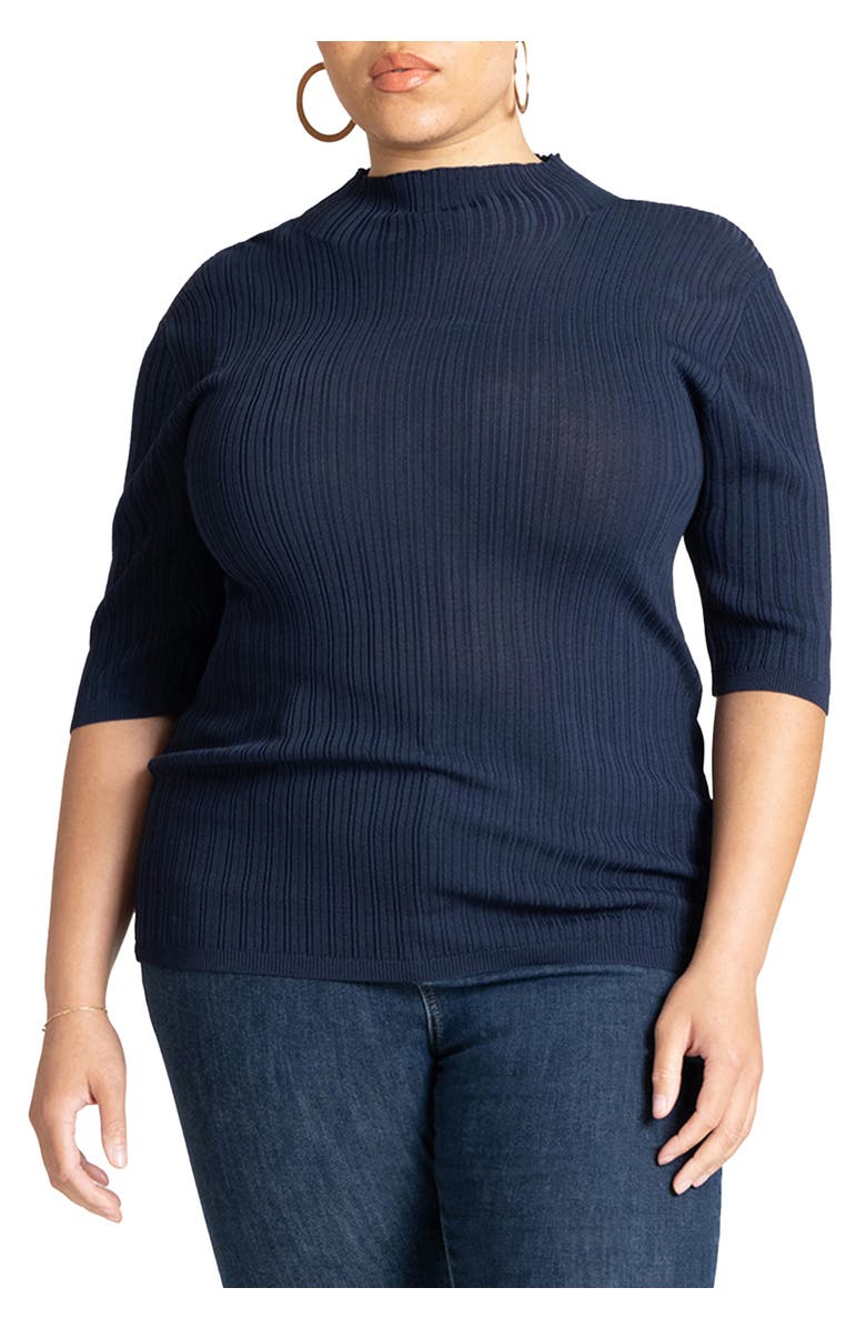 ELOQUII Sleek Funnel Neck Elbow Sleeve Sweater, Main, color, Naval Blue
