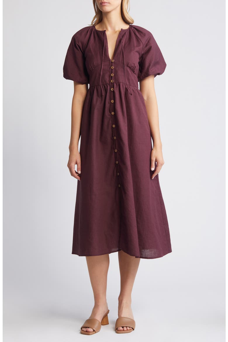 Isabella Button Front Linen & Organic Cotton Maxi Dress, Main, color, PURPLE