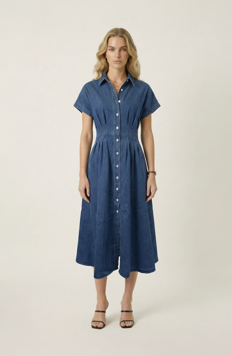 Modenaire Denim Pleated Waist Shirt Dress, Main, color, Medium Indigo Blue