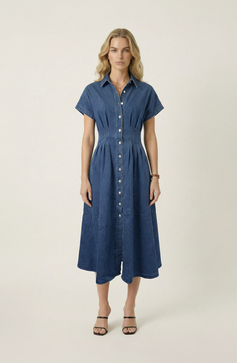 Denim Pleated Waist Shirt Dress