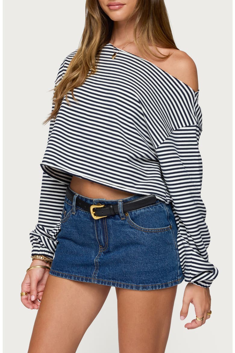 Aveline Stripe One-Shoulder Sweatshirt, Alternate, color, NAVY-AND-WHITE