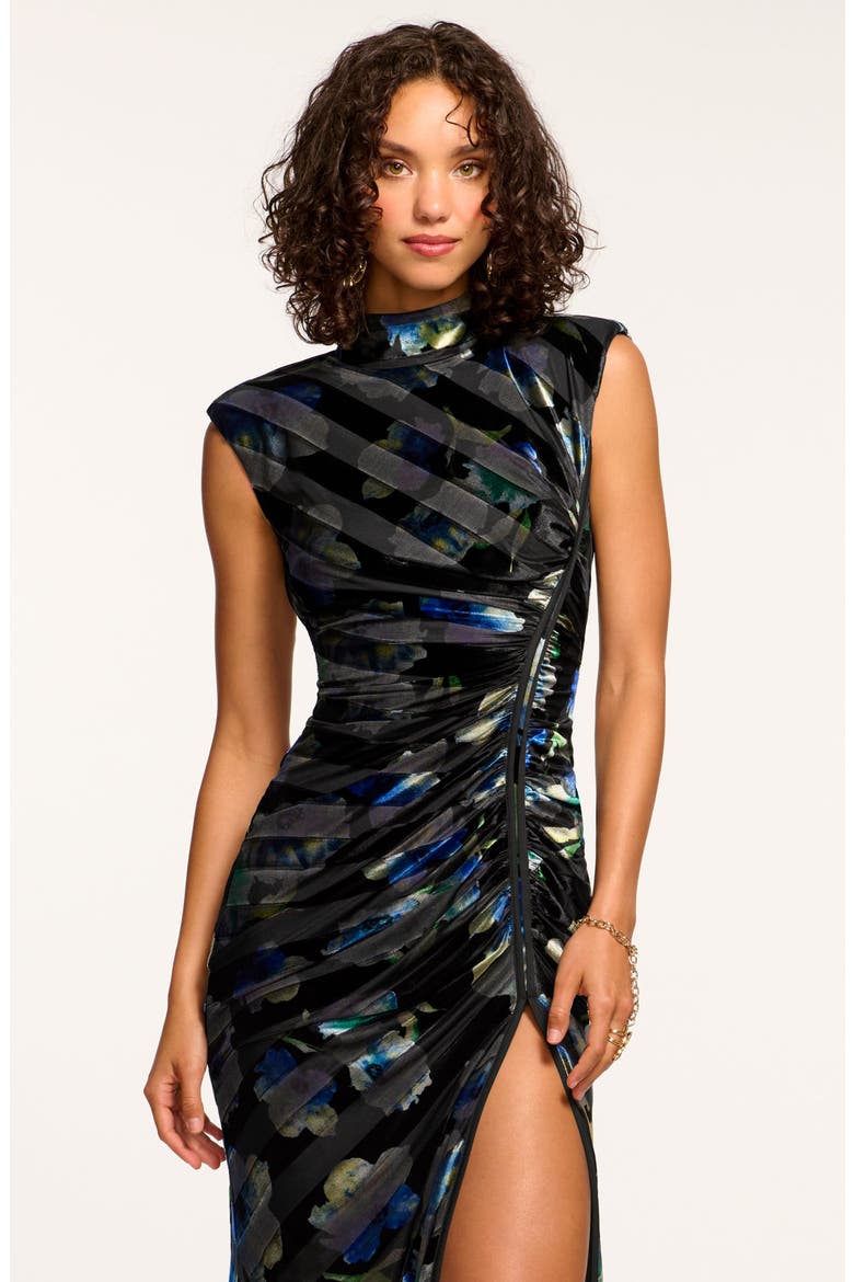 Hallie Metallic Floral Mixed Media Ruched Velvet Dress, Alternate, color, LAPIS VELVET