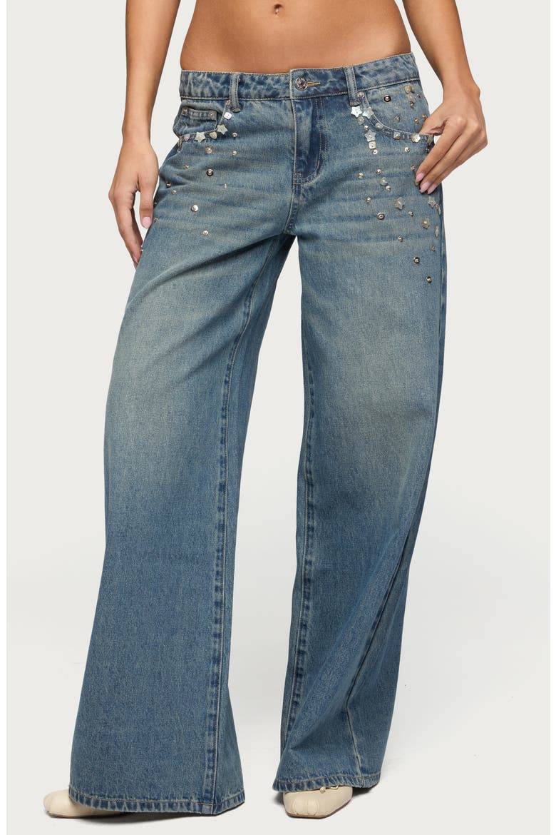 Mahalia Embellished Low Rise Baggy Jeans, Main, color, BLUE-VINTAGE-WASHED
