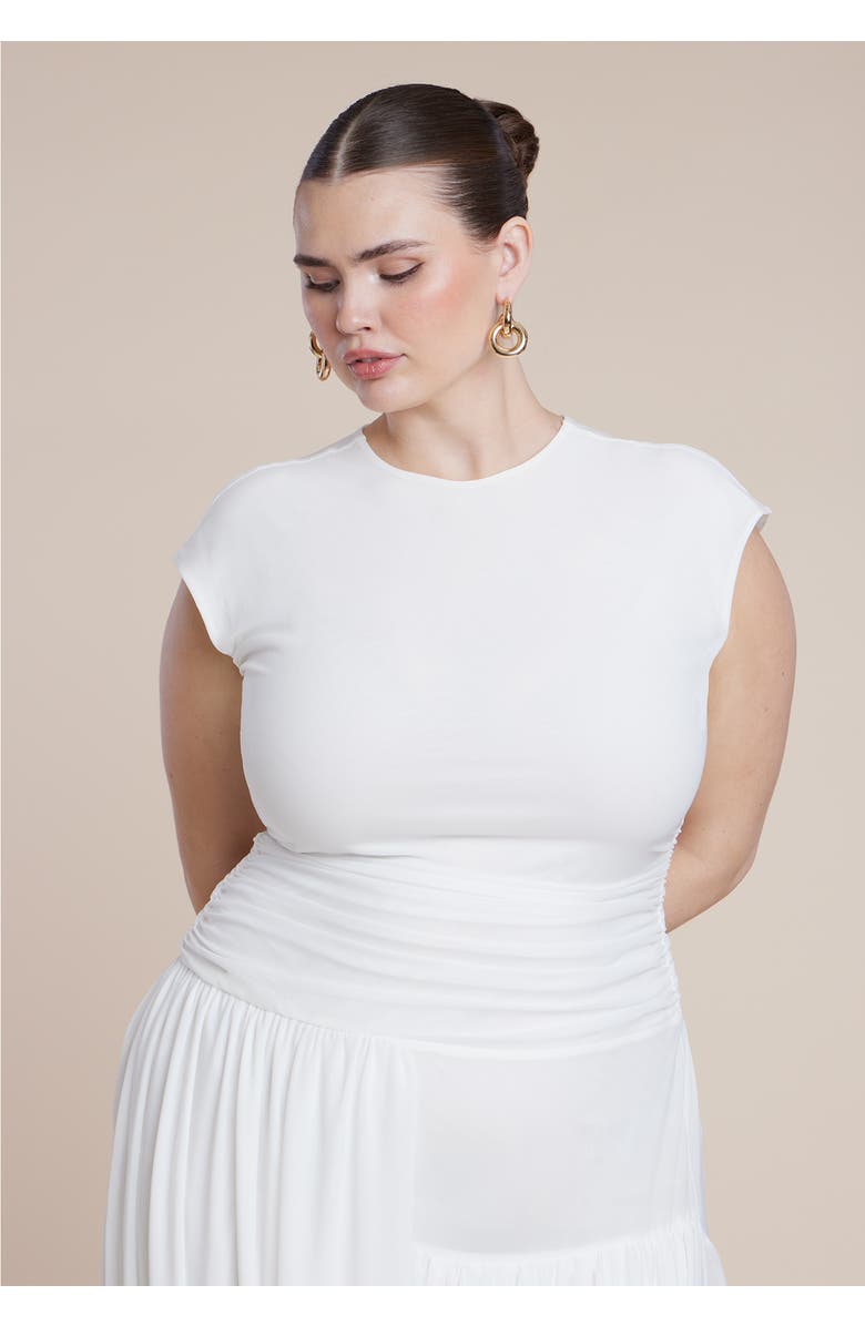 ELOQUII Drape Detail Fitted Mesh Dress, Alternate, color, Jet Stream