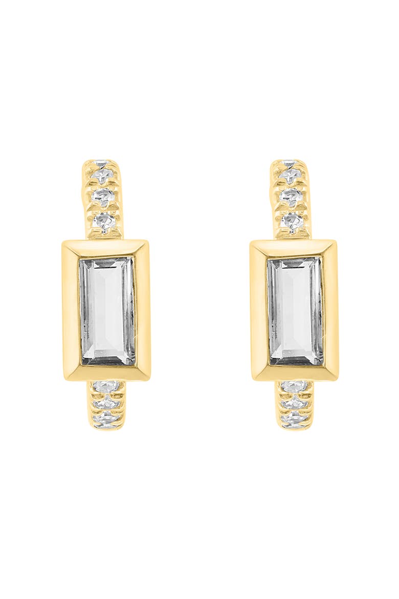 14K Gold Plated Sterling Silver White Topaz & Diamond Huggie Hoop Earrings, Main, color, GOLD