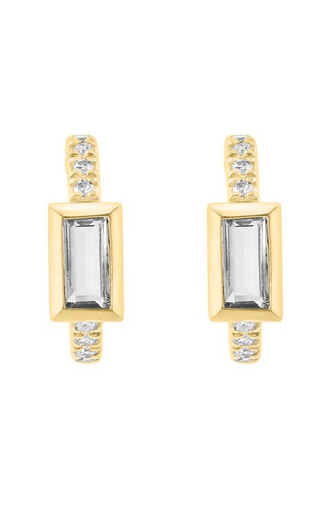 14K Gold Plated Sterling Silver White Topaz & Diamond Huggie Hoop Earrings