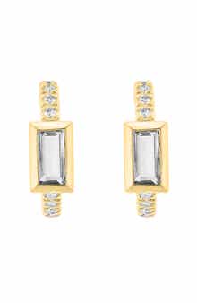 14K Gold Plated Sterling Silver White Topaz & Diamond Huggie Hoop Earrings