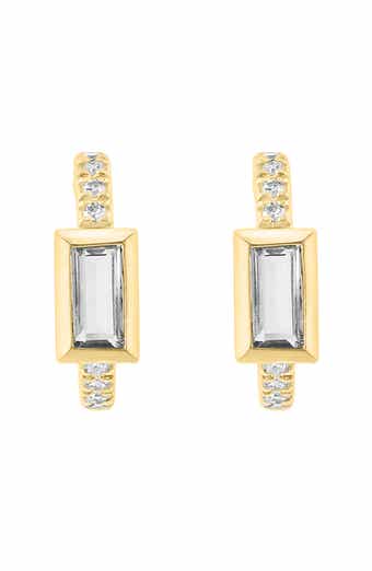 14K Gold Plated Sterling Silver White Topaz & Diamond Huggie Hoop Earrings