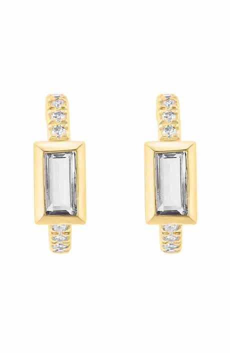 14K Gold Plated Sterling Silver White Topaz & Diamond Huggie Hoop Earrings
