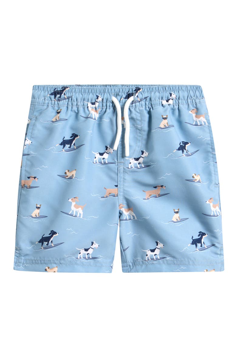 Kids' Surfing Pups Print Swim Trunks, Main, color, BLUE